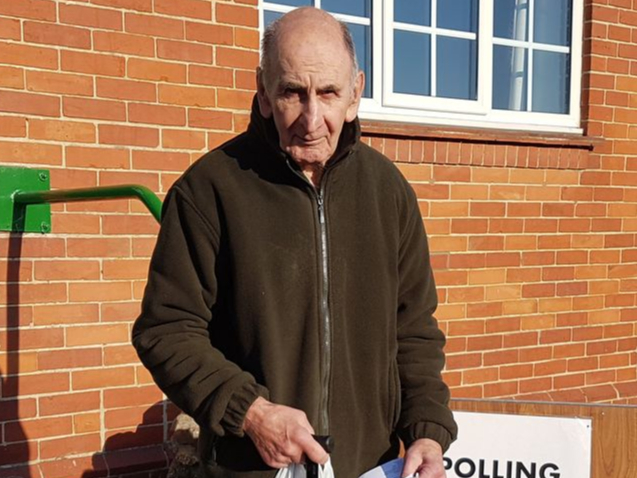 George Privett is first to vote in Hemyock for the Tiverton and Honiton by-election