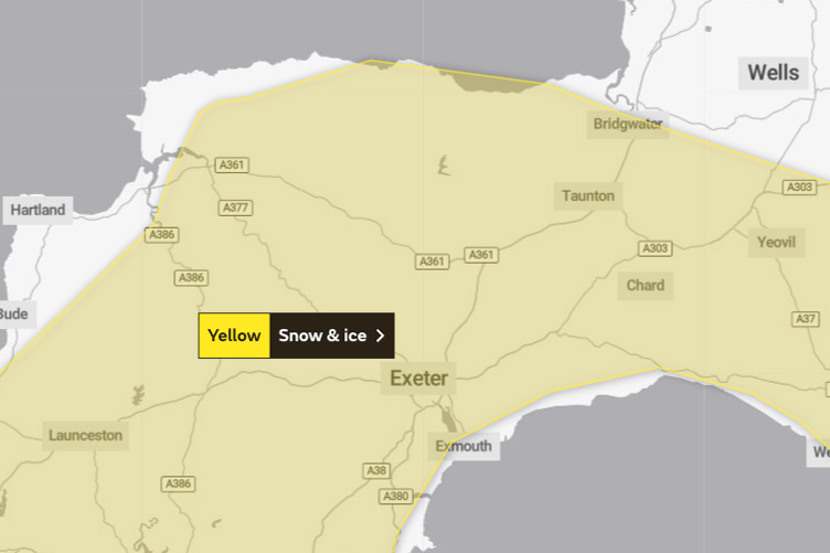 The area covered by a weather warning for snow and ice