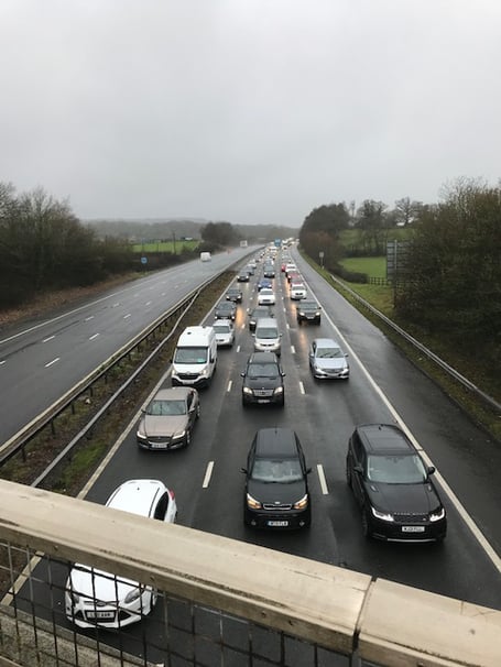 Traffic queuing on the M5 near Wellington