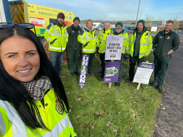 Striking ambulance workers in Okehampton