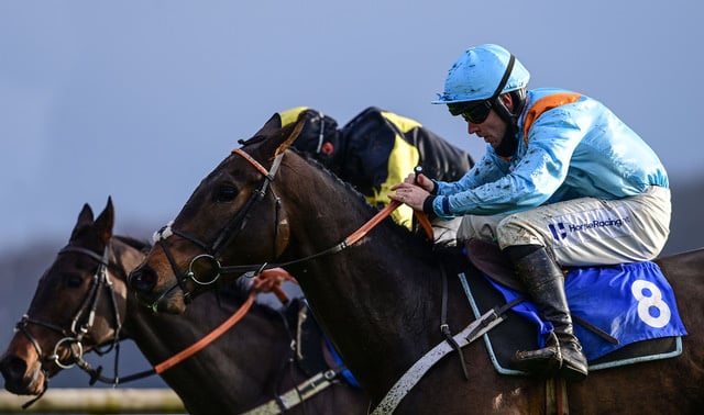 Race winner, El Kaldoun ridden by Jeremiah McGrath races in with second placed, Storm Home ridden by Harry Kimber. - RACE 5 - 2:15 Taunton 10 December 2020 - Dave Criddle Travel - Letâs Travel Again Novicesâ Limited Handicap Chase (GBB Race) (Class 3) at Taunton Racecourse, Taunton, Somerset, England - PHOTO: Phil Mingo/PPAUK 