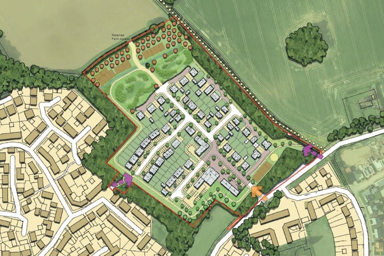 Plans for 80 homes and takeaway outlet on Dene Road in Cotford St. Luke
