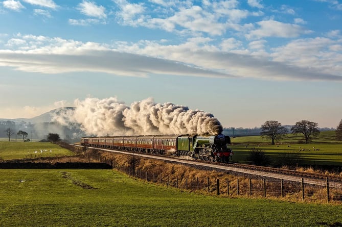 Flying Scotsman steam locomotive passing through Wellington