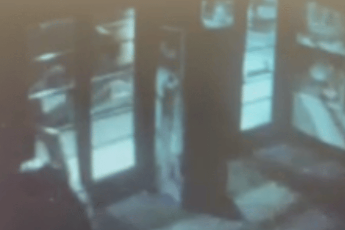 The thief is seen silhouetted against the front doors of the Wellesley as they attempt to make entry