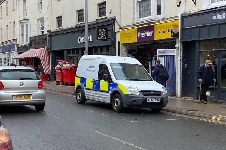 A forensics van was seen on Fore Street on Tuesday