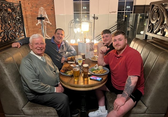 Richard is pictured (front, left) sharing the Iron Duke meal with staff from the leisure centre who helped him make the swim so successful (left to right) general manager Gary Beasley, membership consultant Owen Mercer, and duty manager Freddie Thomas.