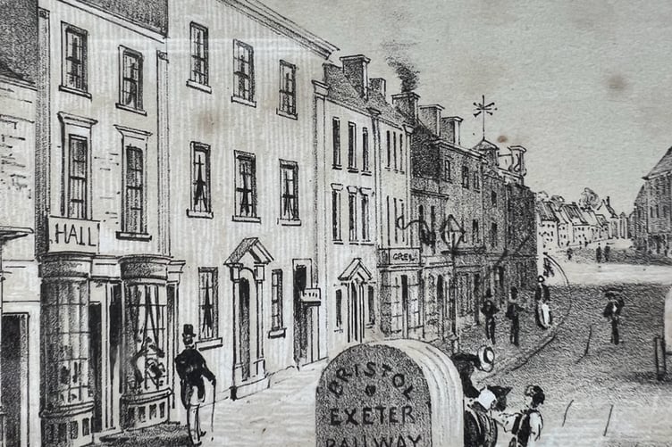 An historic drawing of the Fox family bank on Fore Street
