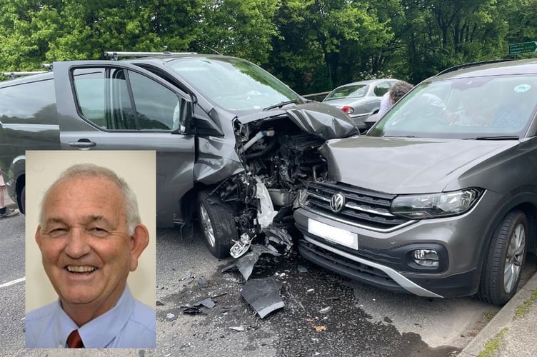 The vehicles shortly after the collision in which correspondent Richard Walsh (pictured, inset) was injured