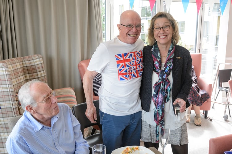 MP Rebecca Pow with retirees enjoying a coronation tea party. by Theo Moye 05/05/23 Churchill Retirementy Living hold a party for prospective and current residents of Riverain Lodge, Taunton, celebrating King Charles II Coronation.