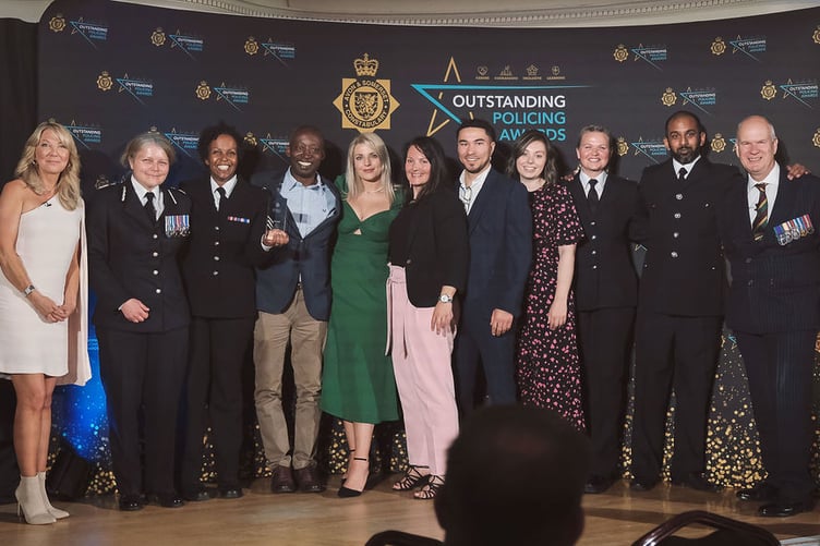 Chief Constable Sarah Crew (second, left) and Police and Crime Commissioner Mark Shelford (right) with some of the award winners.