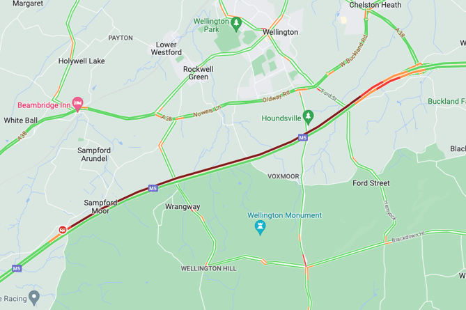 Google traffic information shows heavy congestion along the M5 following a crash