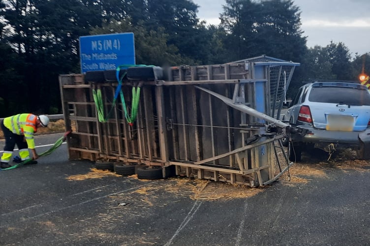 The overturned trailer on the M5 near Wellington.