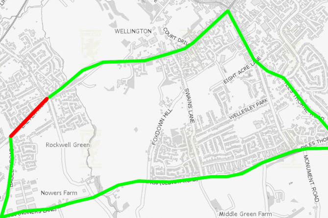 Exeter Road closure in red and diversion route in green.