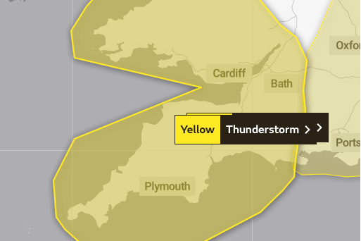 A yellow warning of severe weather for the Westcountry on Sunday was issued by the Met Office.
