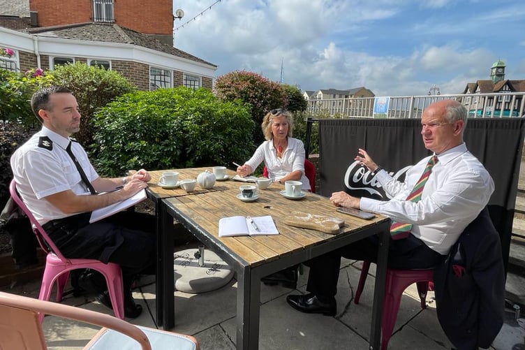Local MP Rebecca Pow meets to discuss anti-social behaviour with police and crime commissioner Mark Shelford (right) and Insp Stuart King.