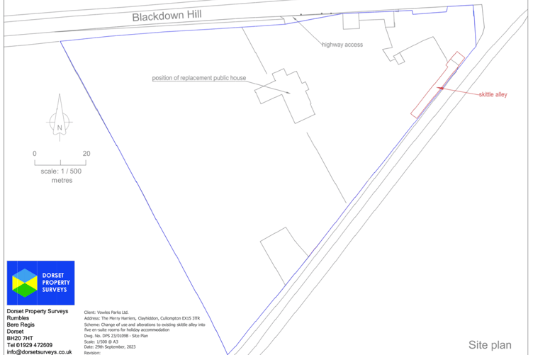 A site plan map showing the location of the skittle alley