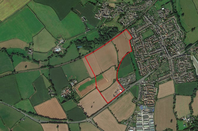 Land edged in red shows where Gladman wants to build 315 new homes in Rockwell Green.