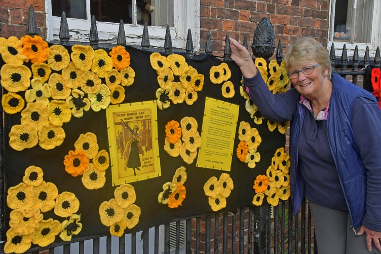 Wellington Women's Institute poppy organiser Bridget Hodges with a display of yellow poppies to remember the 'Canary girls'.