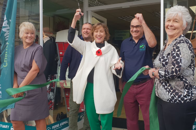 The official opening of Ferne Animal Sanctuary's charity shop in Wellington with (left to right) area manager Pauline Trebble, chief executive Kevan Hodges, MP Rebecca Pow, retail operations manager Ewan Tilbe, and store manager Karen Cornelius.