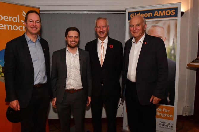 From the left, Richard Foord, Tom Deakin (chair of Taunton Town Council), Gideon Amos OBE and Sir Vince Cable.