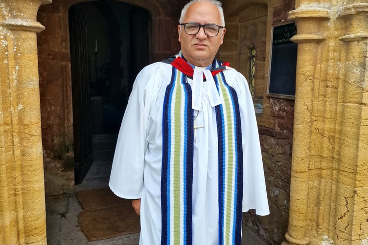 The Rev Martin Kirkbride wearing his Falklands stole at St John's Church, Wellington.