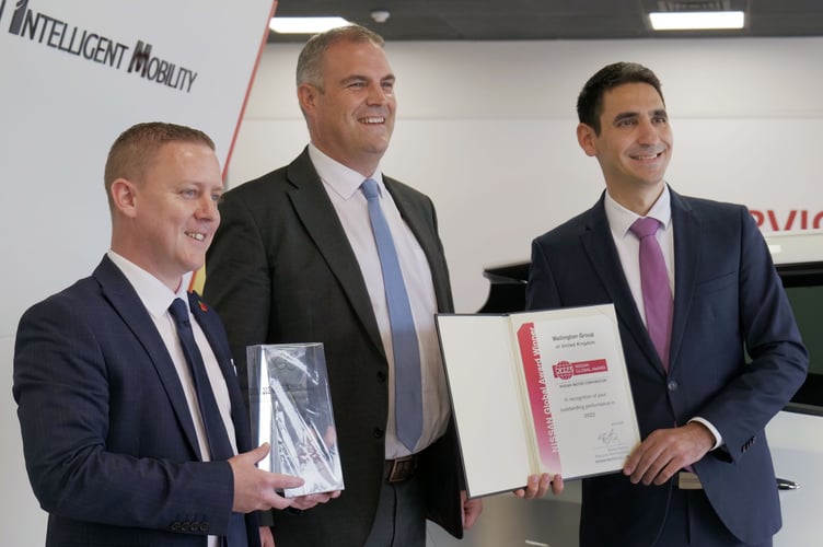 From left to right are Craig Jolly, South West Nissan Aftersales Director; Matthew Holcombe, Group Managing Director; and Csaba Vincze, NMGB Network Development and Customer Quality Director.