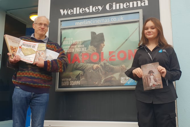 Wellington military historian Chris Penney with Wellesley Cinema cashier Maddie Kavanagh as the film Napoleon began showing.