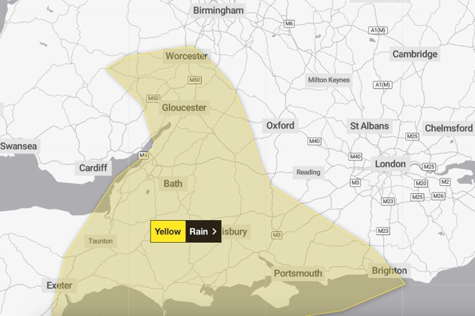 The Met Office Yellow weather warning for rain across Wellington and the Blackdown Hills on Monday.