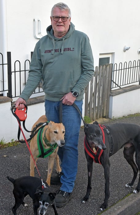 Shane Masland with his dogs which were attacked by a neighbour's dog.