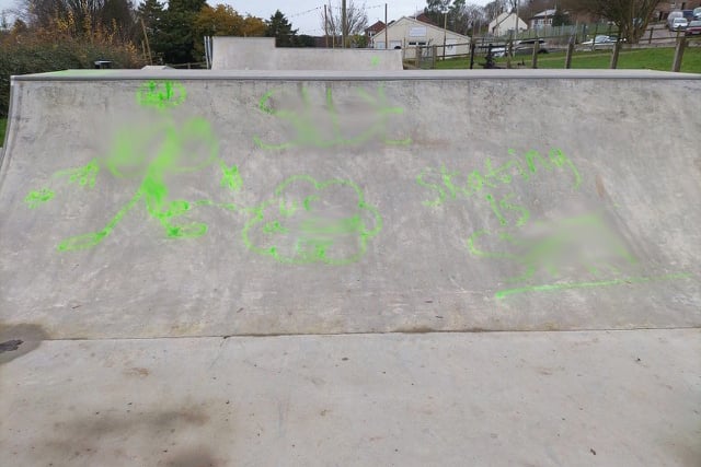 Censored image of vandalism at skatepark in Uffculme.