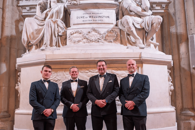 Old Wellingtonians at The Rifles awards dinner (left to right) are Capt Max Savage, Capt Jeremy Pitman, Wing Cmdr Nigel Renyard, and Major (Retired) Rory McCaffery.