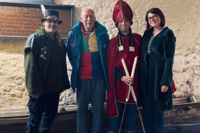 'Bishop Blaize' Conor Kimball and 'St Brigit' Chloe Chandler (right) at last year's 'Blaize n Brigit' night with Oath Swearer the late Richard Fox and Lord Misrule Mr Double Danger.