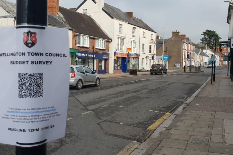 One of the posters in Wellington town centre announcing a survey on council tax.