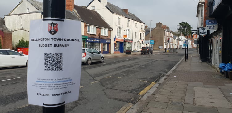 One of the posters in Wellington town centre announcing a survey on council tax.