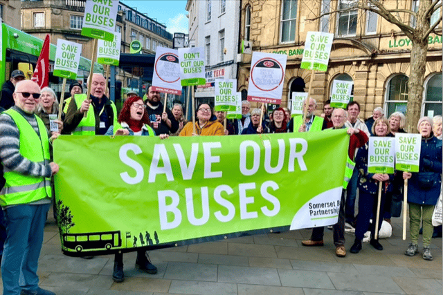 Protesters attend a Somerset Bus Partnership rally against proposed cuts in bus services.
