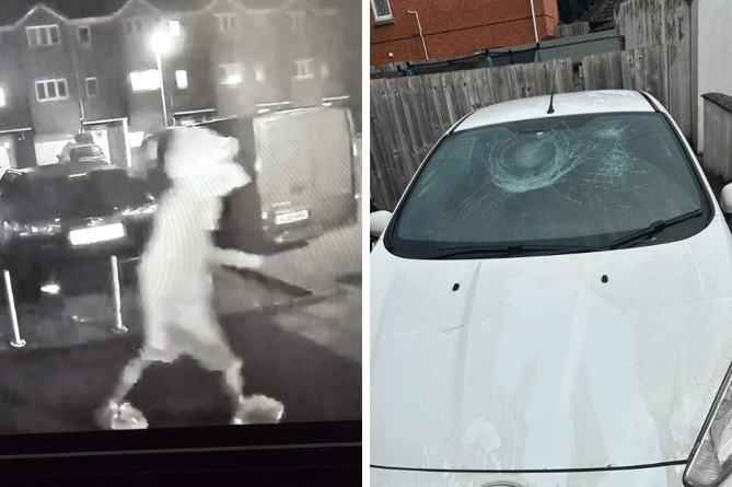 A car has allegedly been left smashed up by masked vandals 