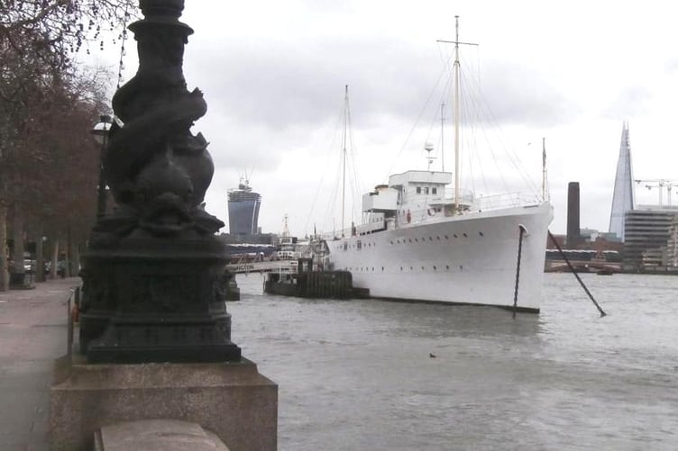 HMS Wellington as she is now, moored on the Victoria Embankment, on the River Thames, London.