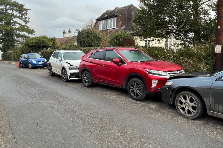 These four parked cars in Wellesley Park, Wellington, were badly damaged when another vehicle drove into them late on Sunday nigh