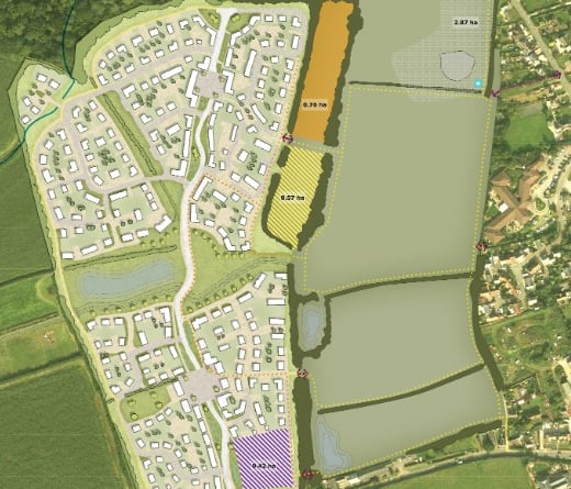 Masterplan of proposed development of 350 homes, employment units and leisure facilities on the A39 Priest Street in Williton - Thrive Architects - 031121.png