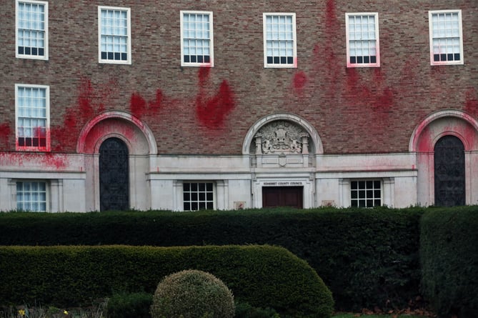 County Hall was graffitied with red paint in a pro-Palestine protest