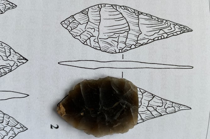 Pictured: believed to be a 'leaf-shaped' arrowhead, in use during the early neolithic period, with the tip broken off. Laid against a textbook for comparison. 