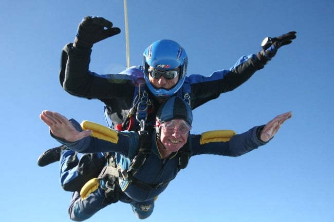 Ivy House, Wellington, resident Brian Standring doing a skydive in 2017.
