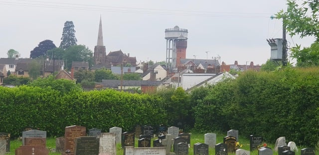 A view of Rockwell Green water towers from the cemetery