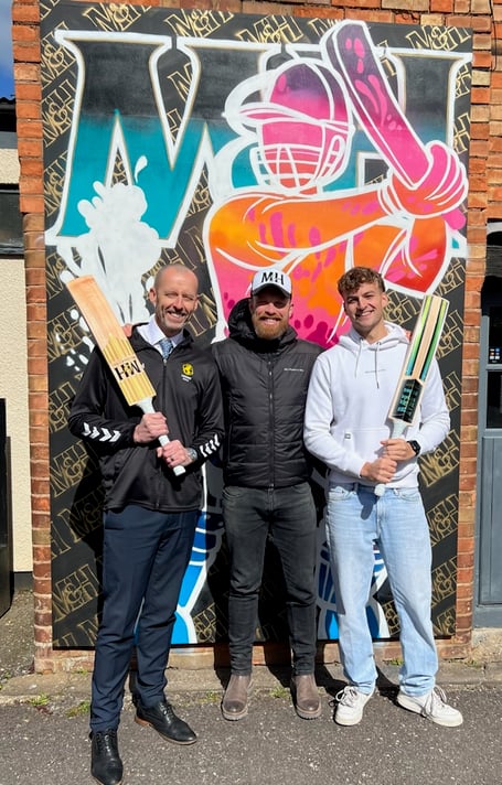 Rob Chambers (centre) with two of the players who are expected to be in the Lashings World XI, former South African cricketer Charl Willoughby (left) who enjoyed a long and successful playing career with Somerset, and England Disability wicket-keeper batter Hugo Hammond, who featured on Love Island in 2021.