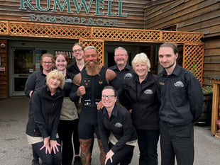 Charity founder Ashley Cain visits Rumwell Farm Shop during epic ride
