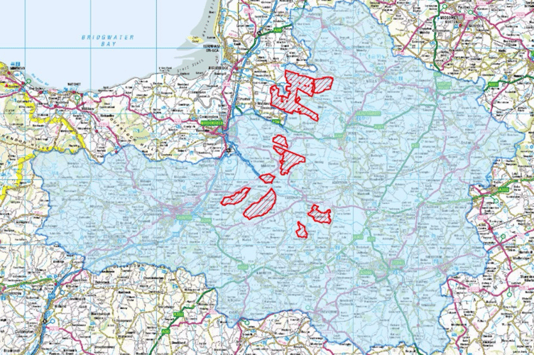The Somerset Levels And Moors Ramsar Site (Red) And The Affected Catchment Areas In Somerset (Blue). (CREDIT: Somerset West And Taunton Council)