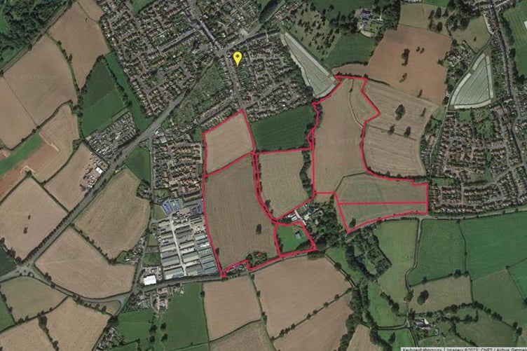Red boundaries show land along Popes Lane, Rockwell Green, which Persimmon Homes wants to develop, with the fields on the far right being used for open space and wildlife.