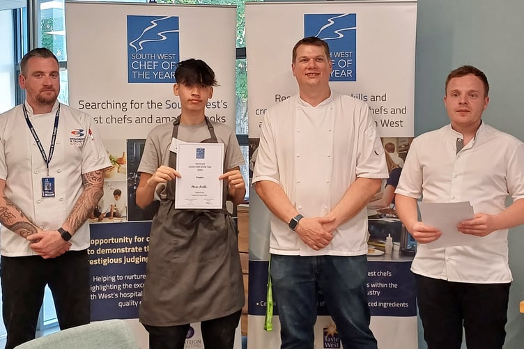 Young Wellington chef Oliver Smith with competition judges James Jones, Ben Champkin, and Olly Jackson.