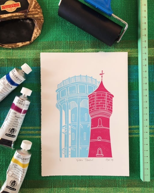 Nina King's print of the water towers at Rockwell Green