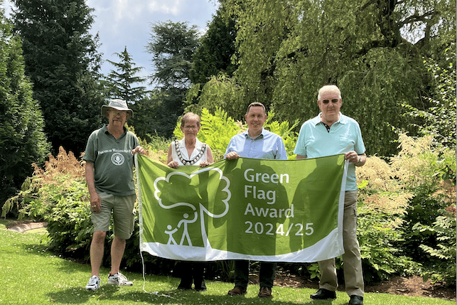 Pictured with Wellington Park’s Green Flag for this year are (left to right) Friends of Wellington Park’s Tony Hartnell, Mayor Cllr Janet Lloyd, open spaces manager Darren Hill, andFriends of Wellington Park chairman Roger Nunn.